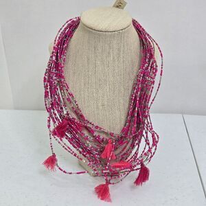 Stony Beaded Necklace Pink Tassel Multi Strand $26 New Statement Seed Bead